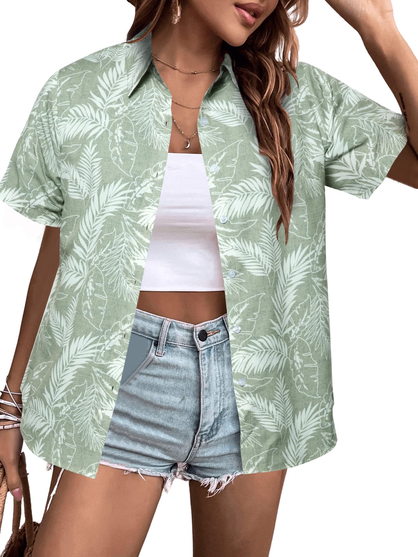MYHALF Women Hawaiian Shirt Soft Cool Summer Hawaii Shirts Floral Tropic Print V Neck T-Shirt Short Sleeve Button Up Tops - Hawaiian Flair