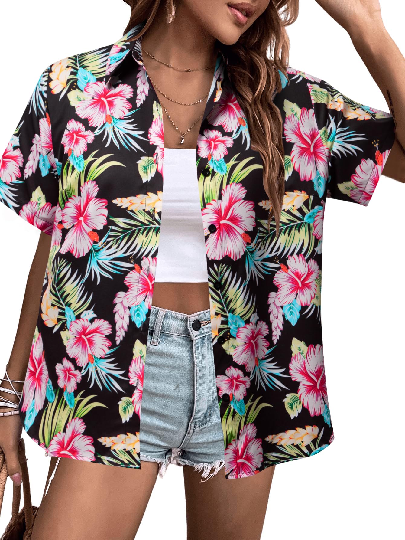 MYHALF Women Hawaiian Shirt Soft Cool Summer Hawaii Shirts Floral Tropic Print V Neck T-Shirt Short Sleeve Button Up Tops - Hawaiian Flair