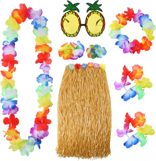 Elcoho 8 Pieces Hawaiian Hula Grass Skirt Set