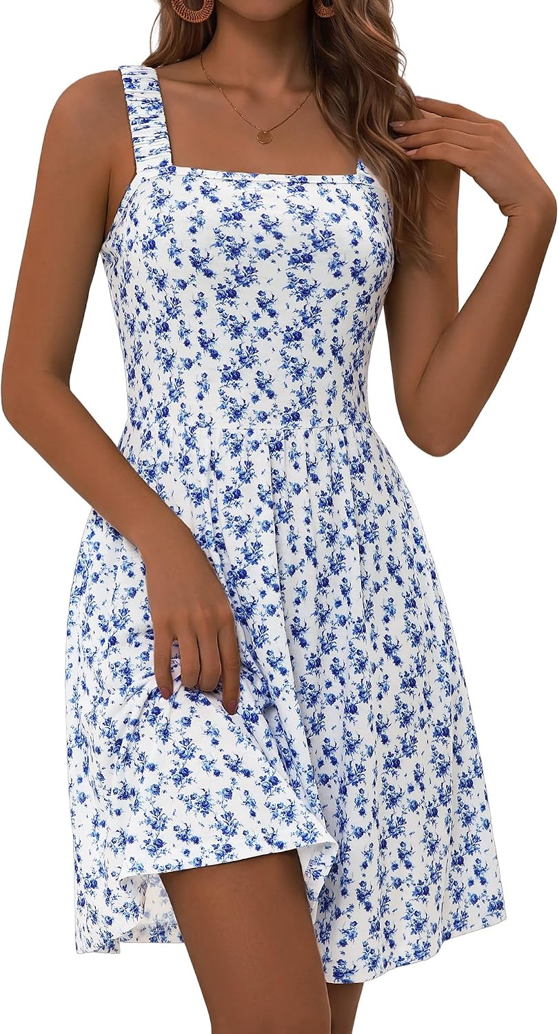 Women's Summer Casual Square Neck Dress with Pocket Cute Short Dress