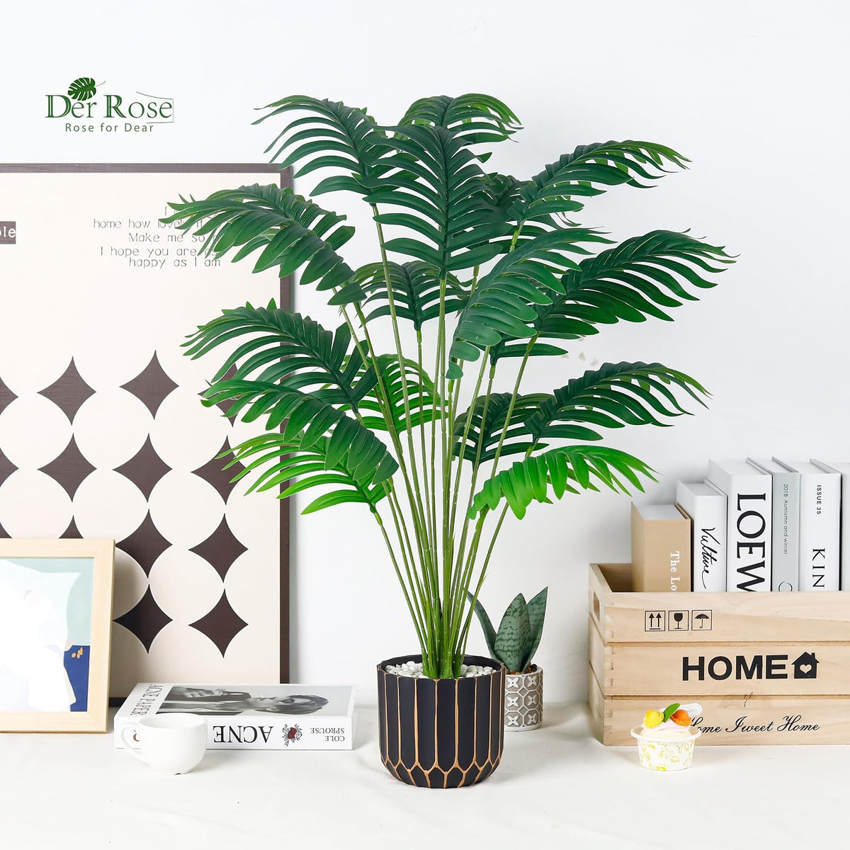 Der Rose 28" Fake Plants, Monstera Plant in Black Gold Pot for Home Decor