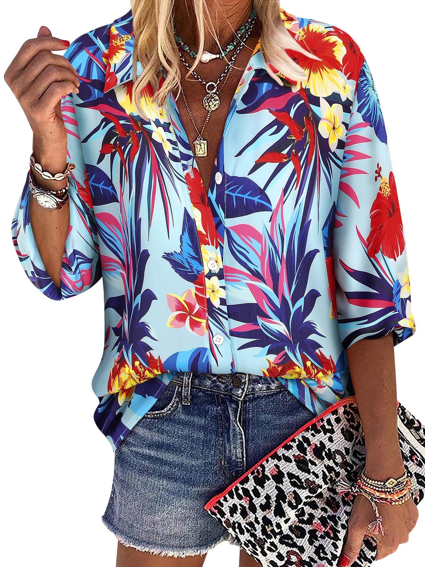 ZXZY Women Pineapple Printed Lapel Collar Half Sleeves Buttons Down Blouse Shirt - Hawaiian Flair