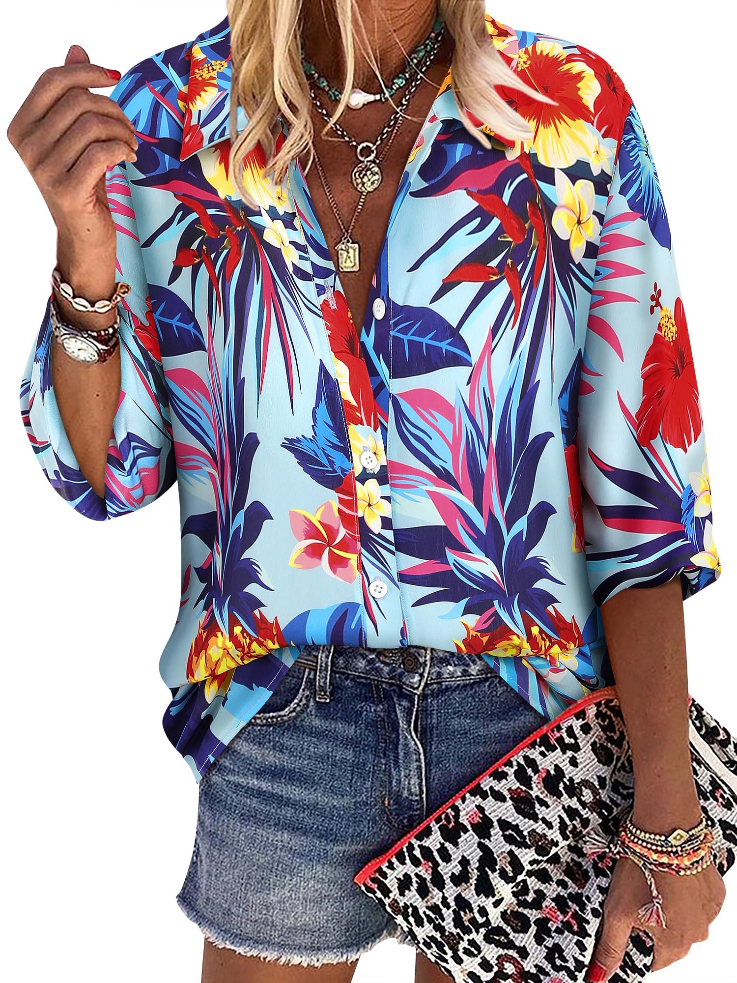 ZXZY Women Pineapple Printed Lapel Collar Half Sleeves Buttons Down Blouse Shirt - Hawaiian Flair