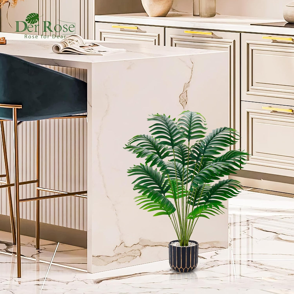 Der Rose 28" Fake Plants, Monstera Plant in Black Gold Pot for Home Decor