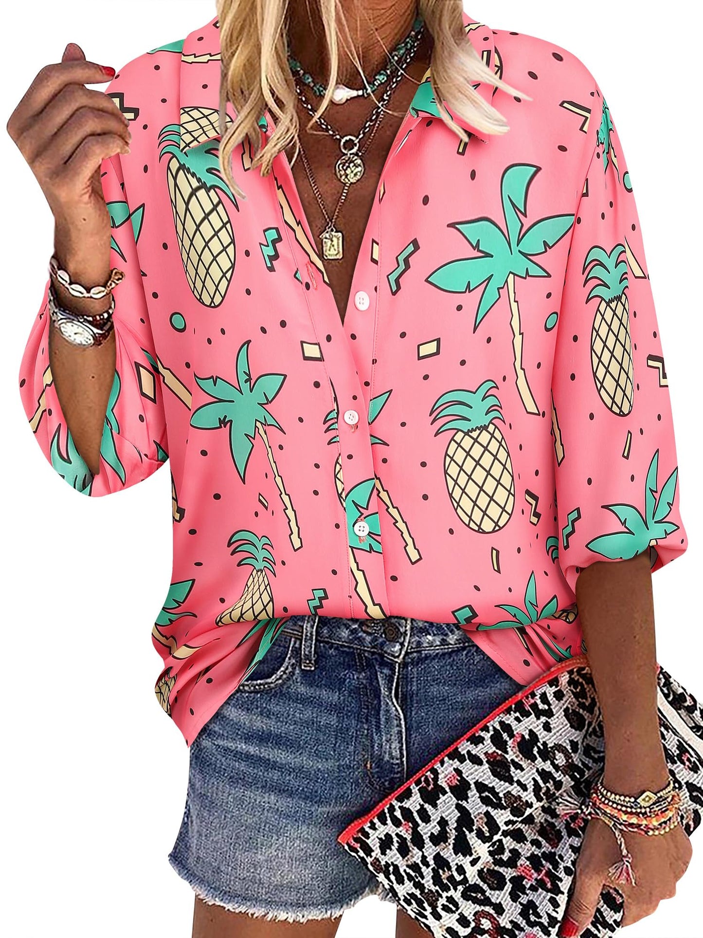 ZXZY Women Pineapple Printed Lapel Collar Half Sleeves Buttons Down Blouse Shirt - Hawaiian Flair