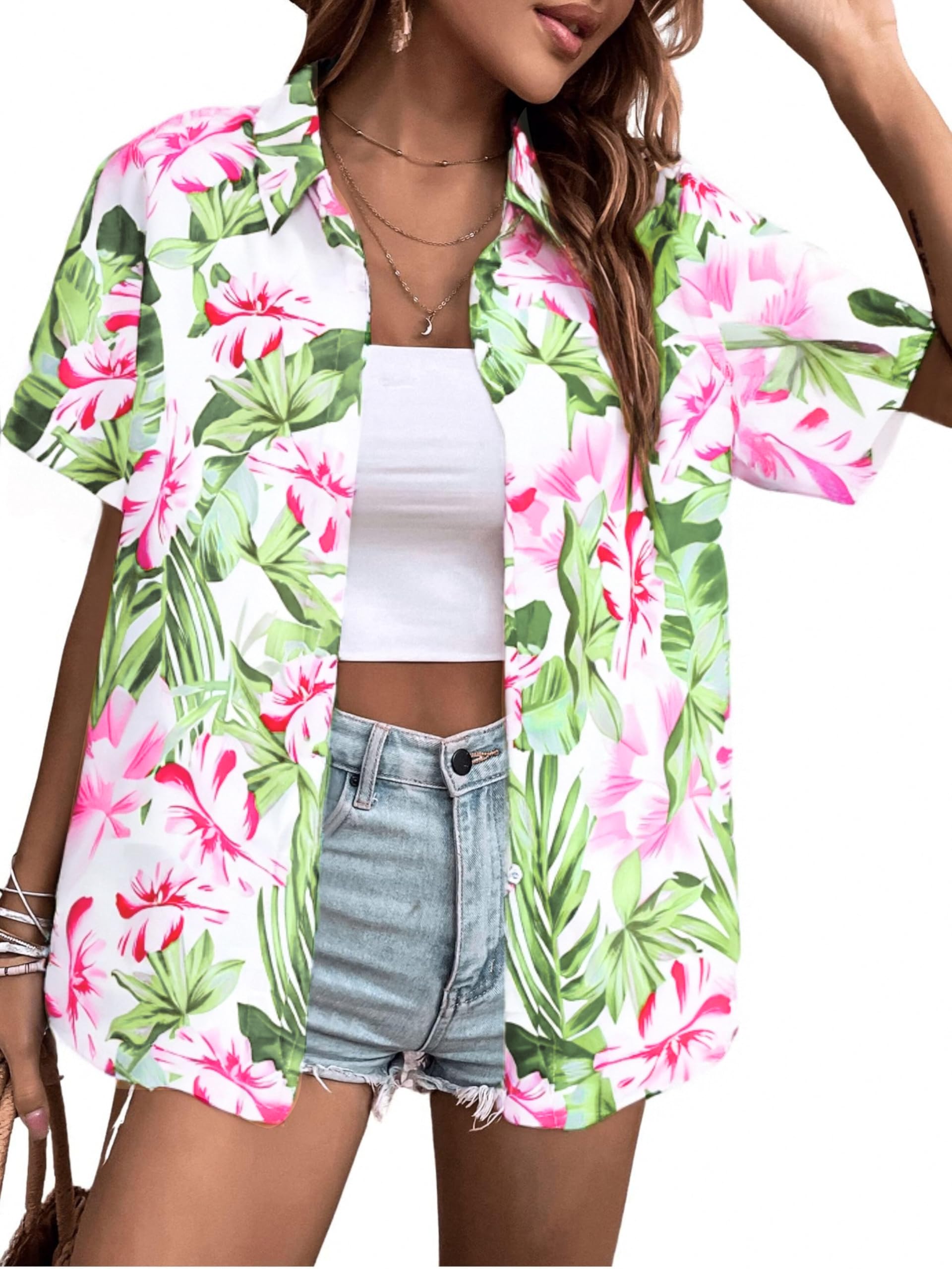 MYHALF Women Hawaiian Shirt Soft Cool Summer Hawaii Shirts Floral Tropic Print V Neck T-Shirt Short Sleeve Button Up Tops - Hawaiian Flair