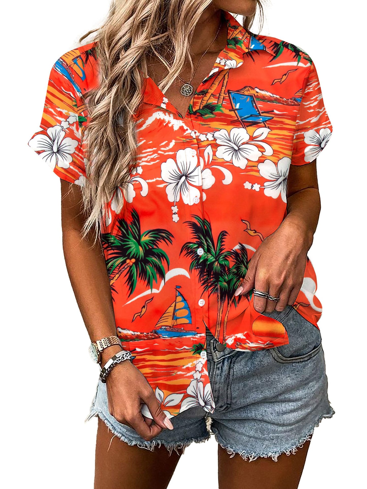 MYHALF Women Hawaiian Shirt Soft Cool Summer Hawaii Shirts Floral Tropic Print V Neck T-Shirt Short Sleeve Button Up Tops - Hawaiian Flair