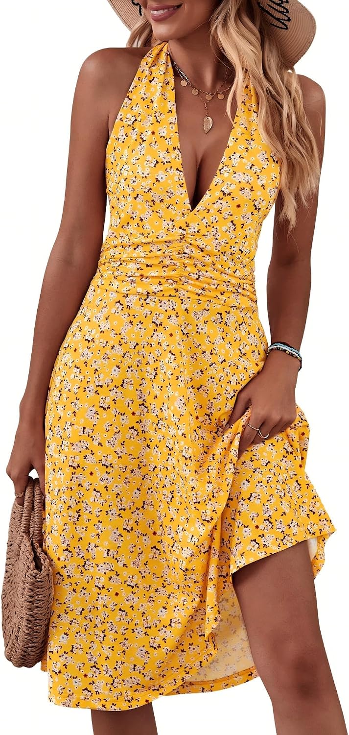 Women's Floral Halter Neck Sundress with Pockets