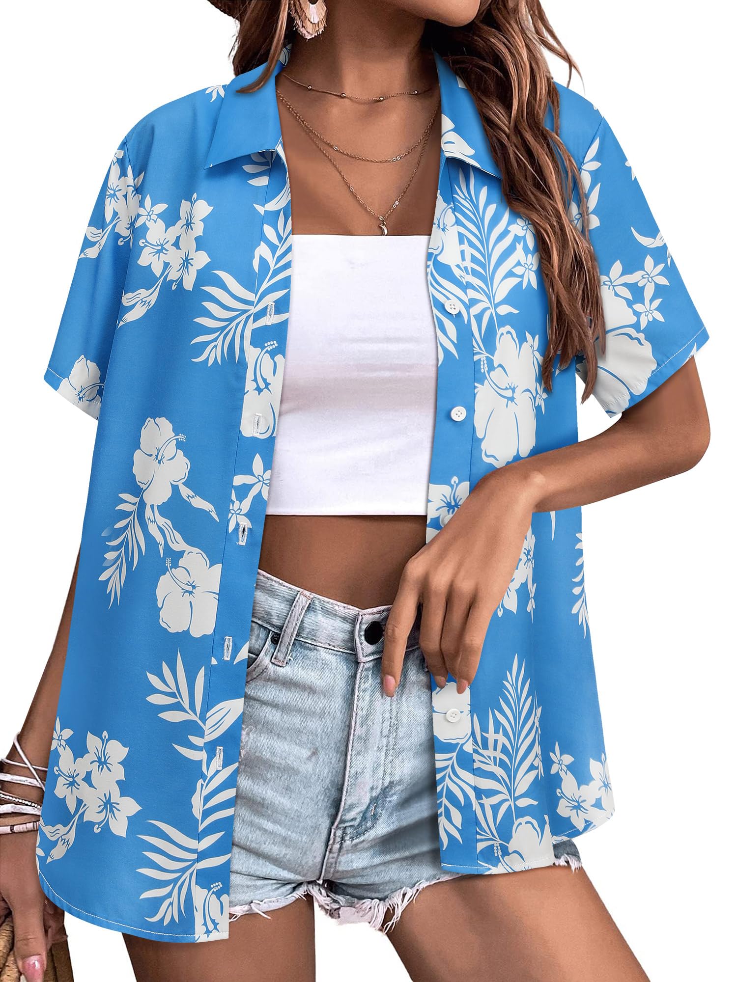 Womens Button Down Hawaiian Shirts Short Sleeve Floral Print Summer V Neck T-Shirt Casual Summer Beach Blouses Tops - Hawaiian Flair