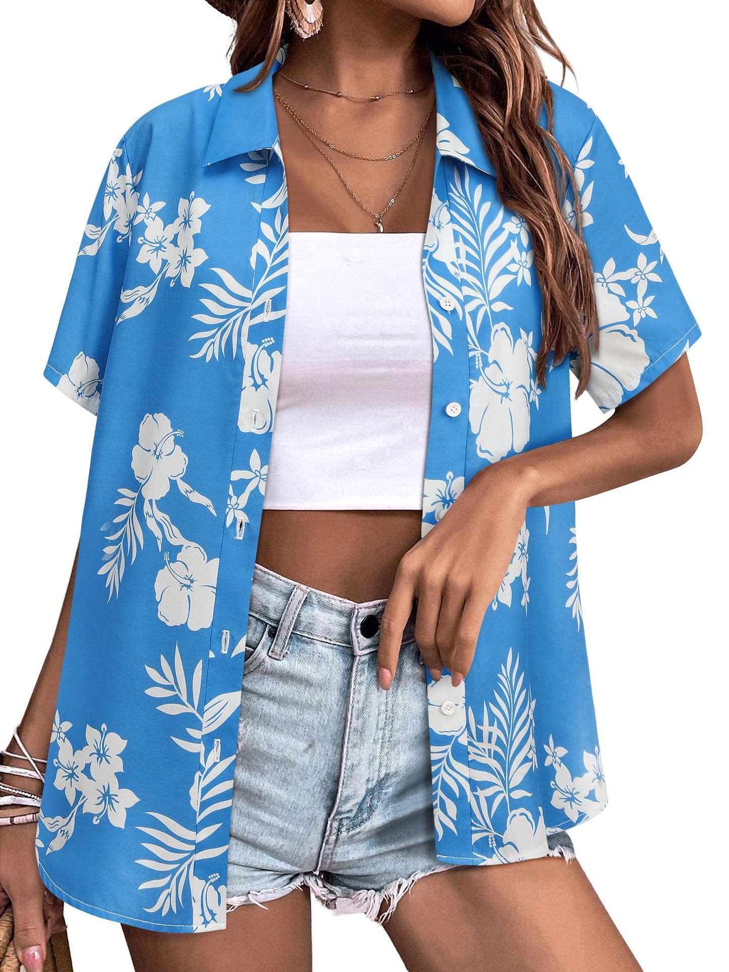 Womens Button Down Hawaiian Shirts Short Sleeve Floral Print Summer V Neck T-Shirt Casual Summer Beach Blouses Tops - Hawaiian Flair
