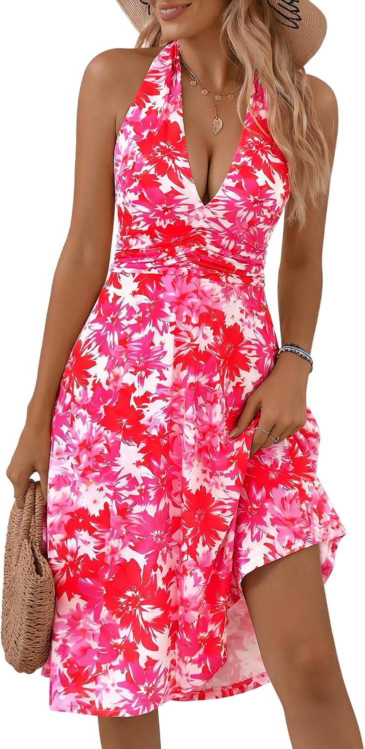 Women's Floral Halter Neck Sundress with Pockets