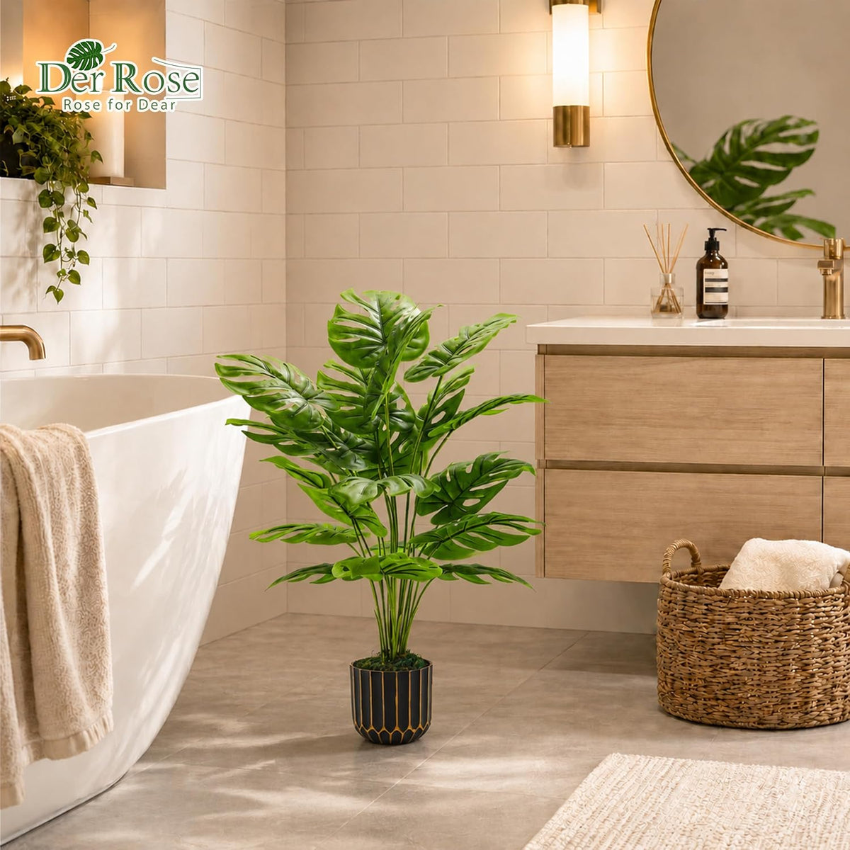 Der Rose 28" Fake Plants, Monstera Plant in Black Gold Pot for Home Decor