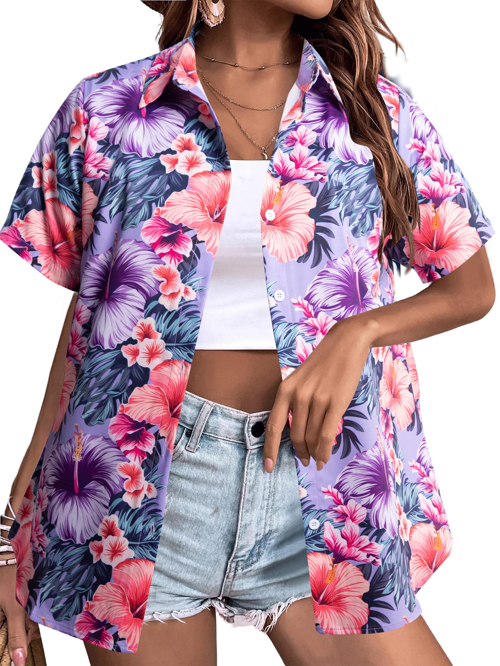 MYHALF Women Hawaiian Shirt Soft Cool Summer Hawaii Shirts Floral Tropic Print V Neck T-Shirt Short Sleeve Button Up Tops - Hawaiian Flair