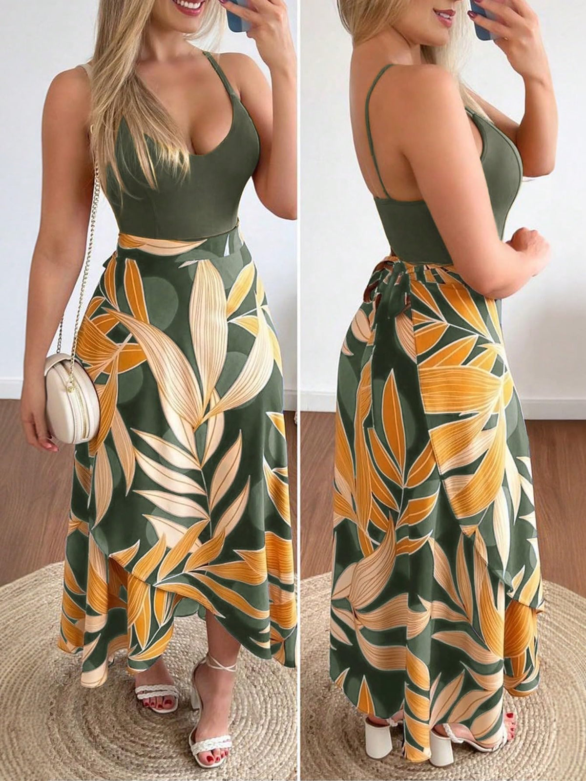 SKAYS Tropical Dresses for Women Summer Wrap Dress Boho Spaghetti Strap Backless Slit Thigh Maxi Dress