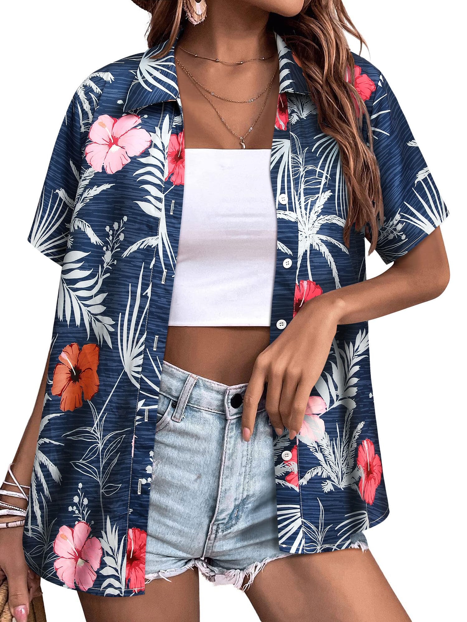 Womens Button Down Hawaiian Shirts Short Sleeve Floral Print Summer V Neck T-Shirt Casual Summer Beach Blouses Tops - Hawaiian Flair