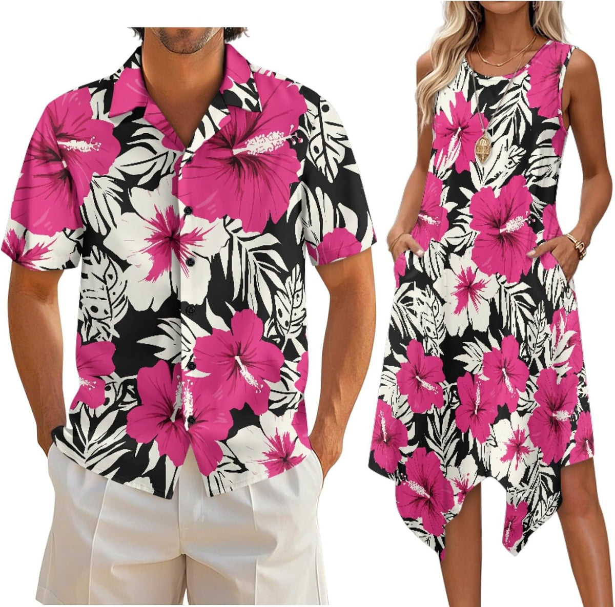 Couple Matching Outfit Hawaiian Men's Button Down Shirt Sleeveless Sundresses Dress Summer Dress for Women 2026
