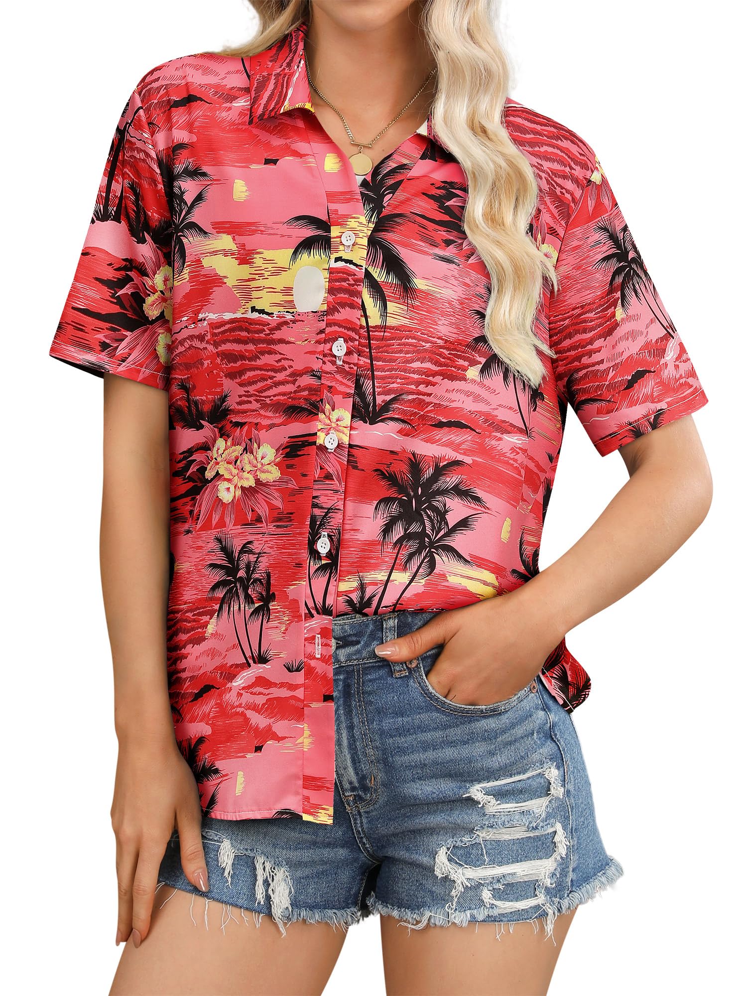 Womens Button Down Hawaiian Shirts Short Sleeve Floral Print Summer V Neck T-Shirt Casual Summer Beach Blouses Tops - Hawaiian Flair