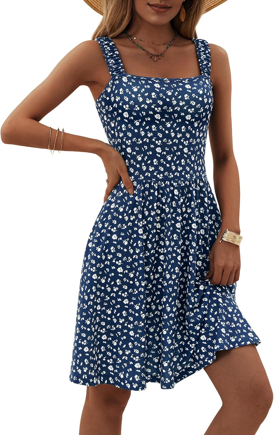 Women's Summer Casual Square Neck Dress with Pocket Cute Short Dress