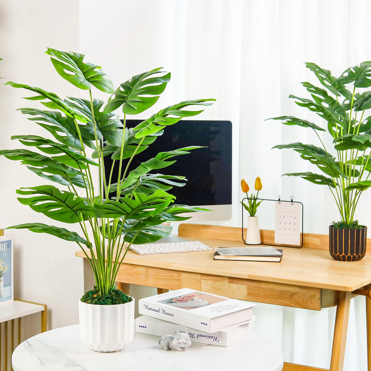 Der Rose 28" Fake Plants, Monstera Plant in Black Gold Pot for Home Decor