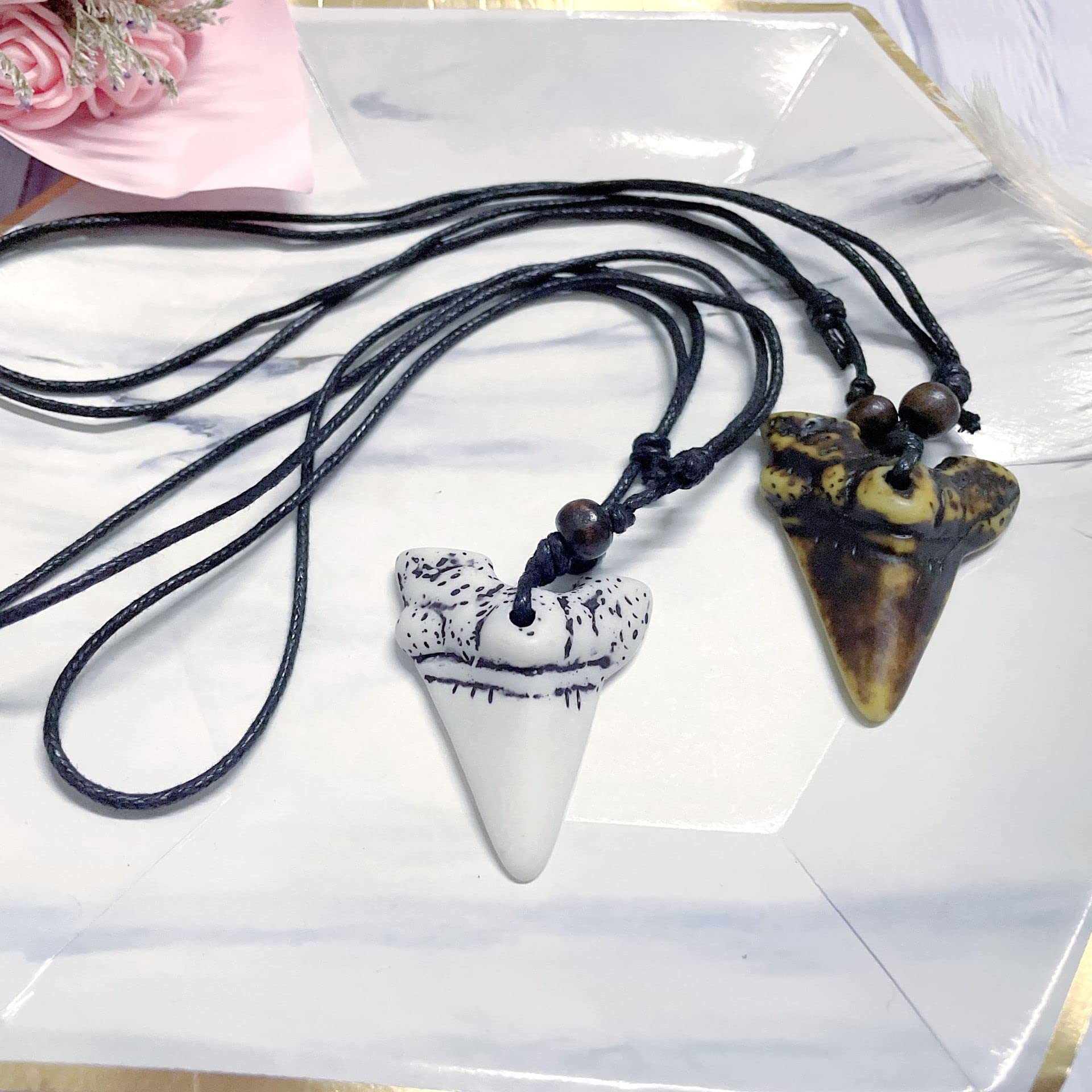 2PCS Hawaiian Protection Amulet Lucky Pendant Necklace Vintage Tiki Fish Hook Turtles Tortoise Shark Wolf Tooth Caved Satue Adjustable Rope Chain Necklaces for Men Women - Hawaiian Flair