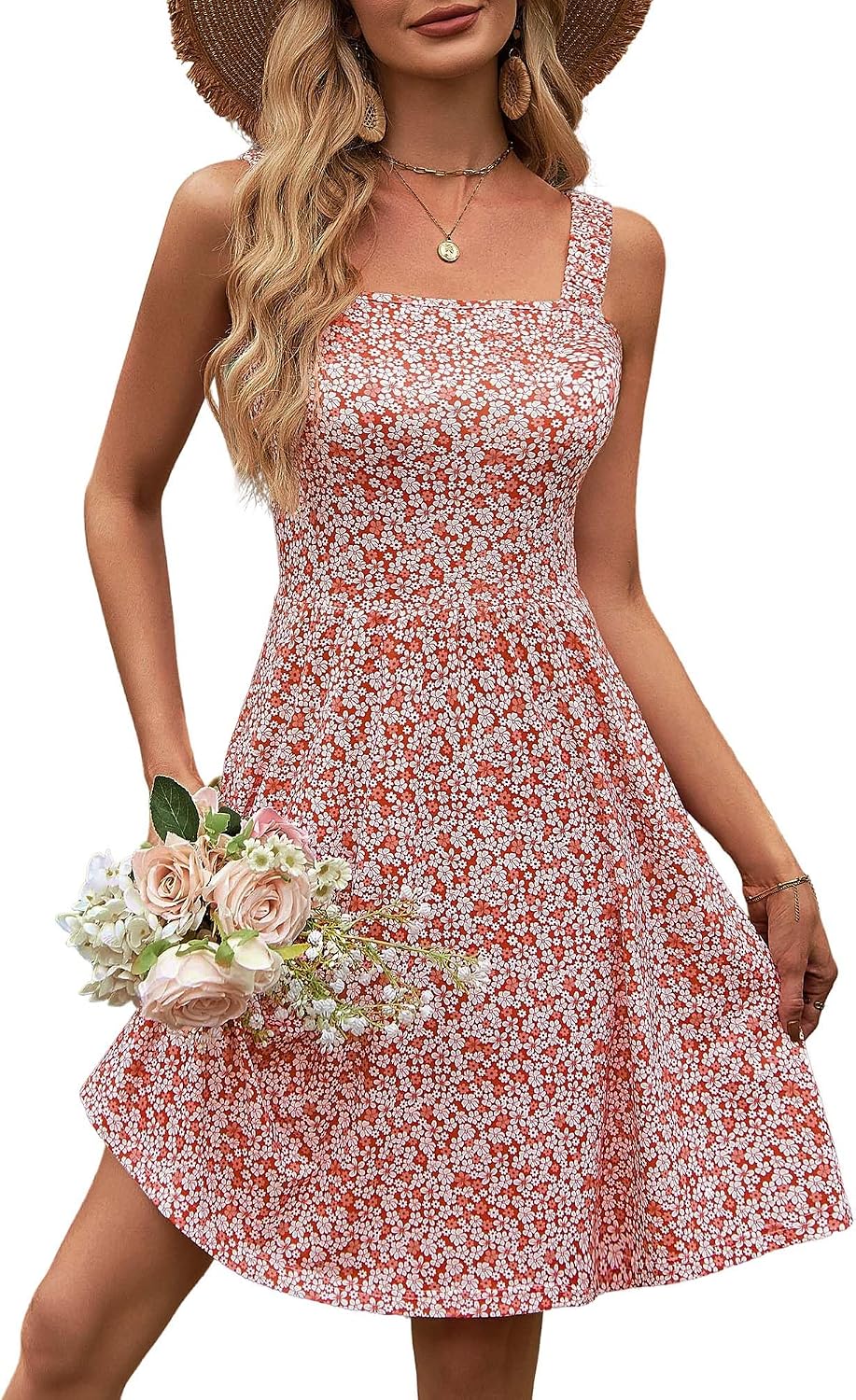 Women's Summer Casual Square Neck Dress with Pocket Cute Short Dress
