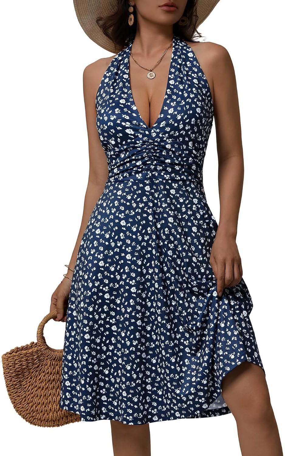 Women's Floral Halter Neck Sundress with Pockets