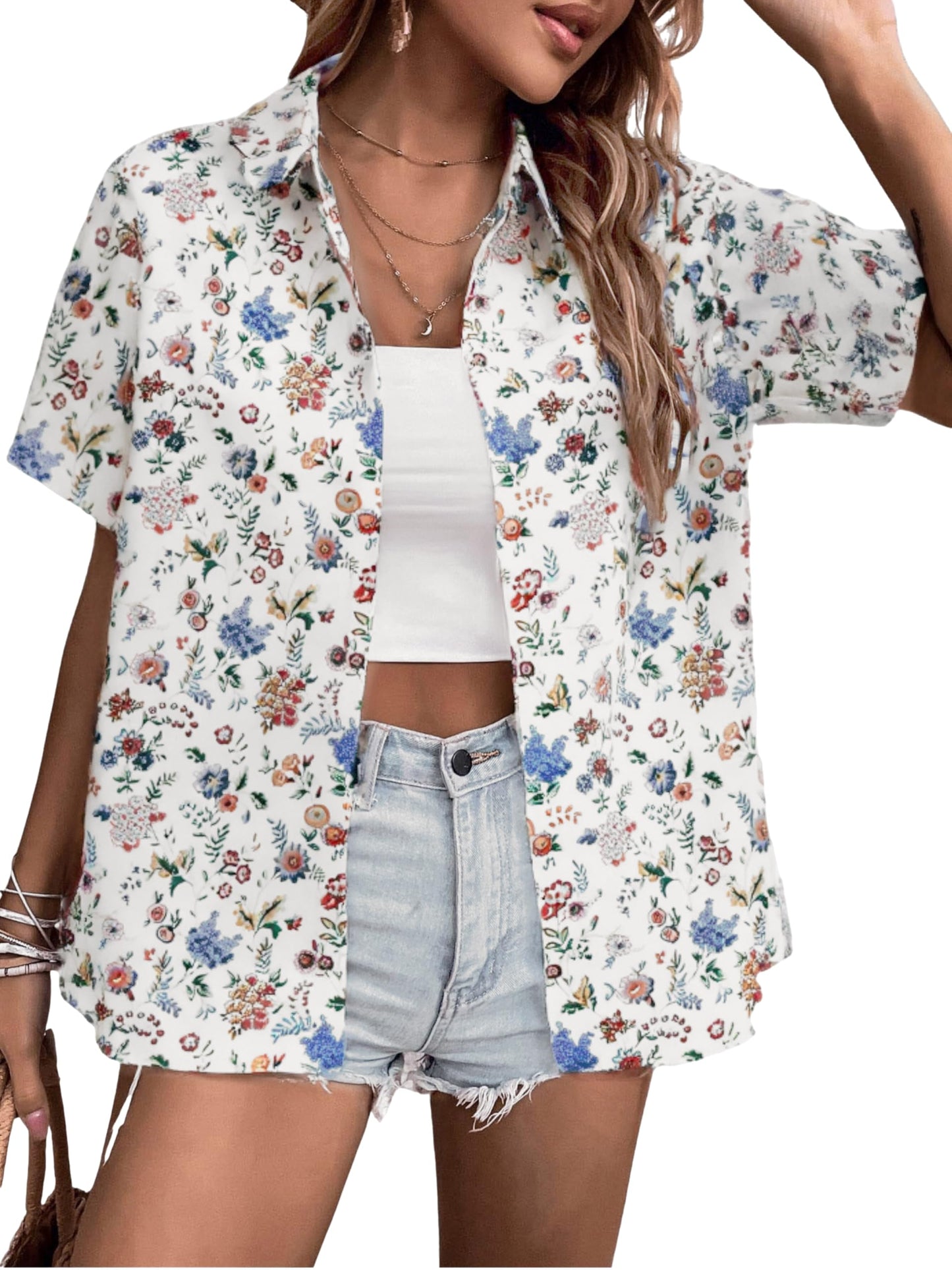 MYHALF Women Hawaiian Shirt Soft Cool Summer Hawaii Shirts Floral Tropic Print V Neck T-Shirt Short Sleeve Button Up Tops - Hawaiian Flair