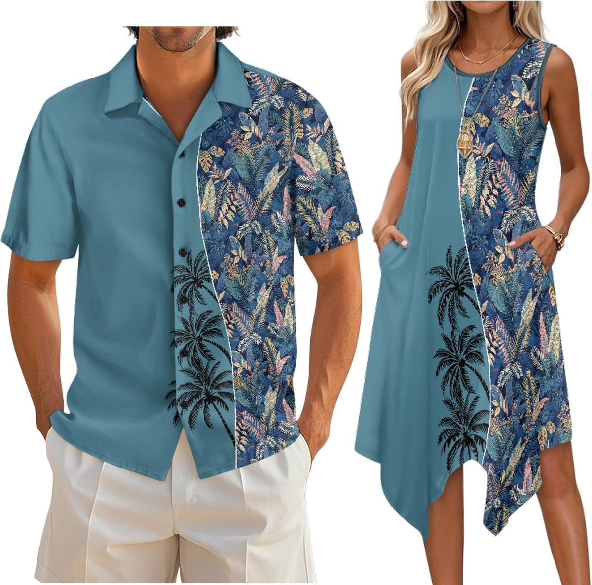Couple Matching Outfit Hawaiian Men's Button Down Shirt Sleeveless Sundresses Dress Summer Dress for Women 2026