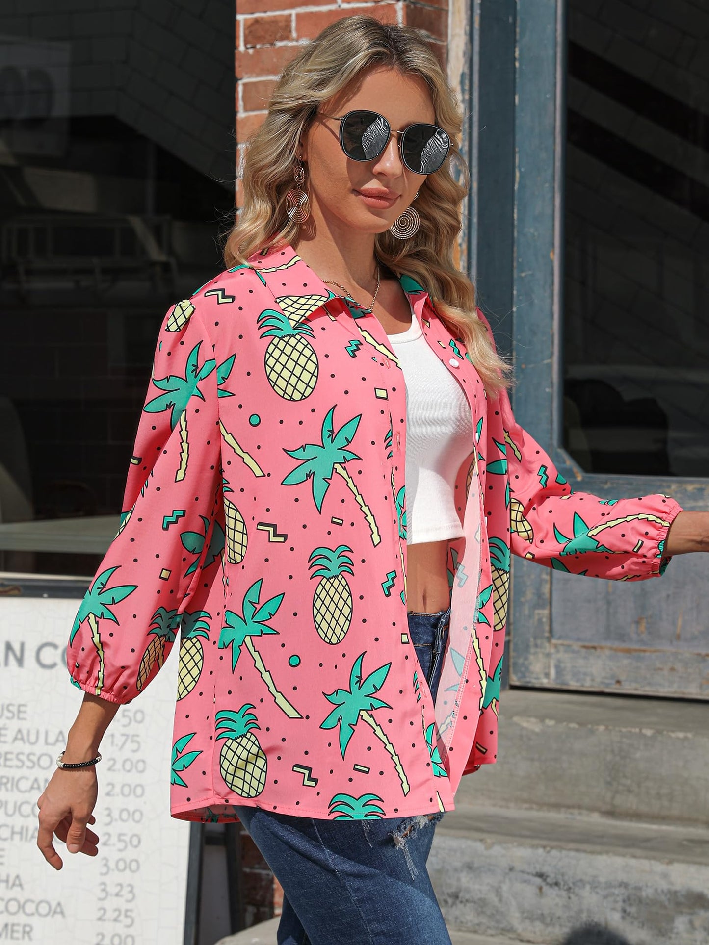 ZXZY Women Pineapple Printed Lapel Collar Half Sleeves Buttons Down Blouse Shirt - Hawaiian Flair