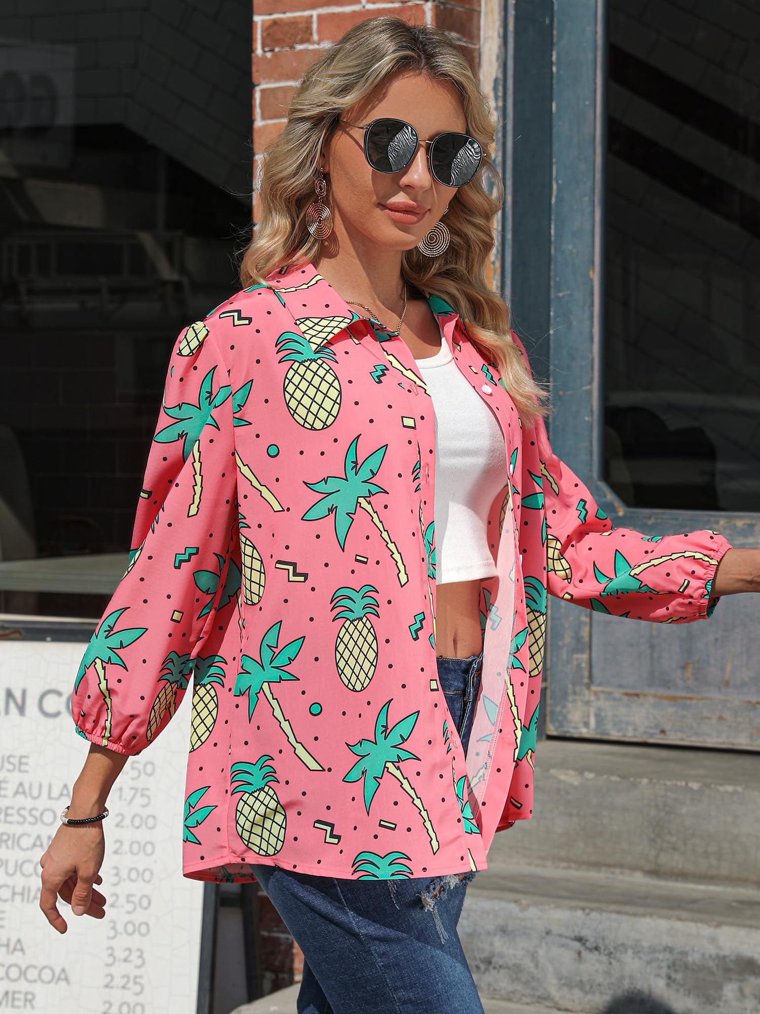 ZXZY Women Pineapple Printed Lapel Collar Half Sleeves Buttons Down Blouse Shirt - Hawaiian Flair