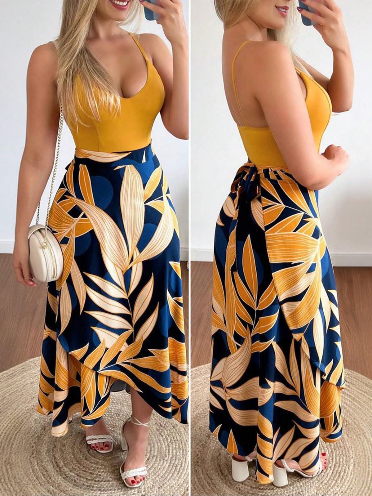 SKAYS Tropical Dresses for Women Summer Wrap Dress Boho Spaghetti Strap Backless Slit Thigh Maxi Dress