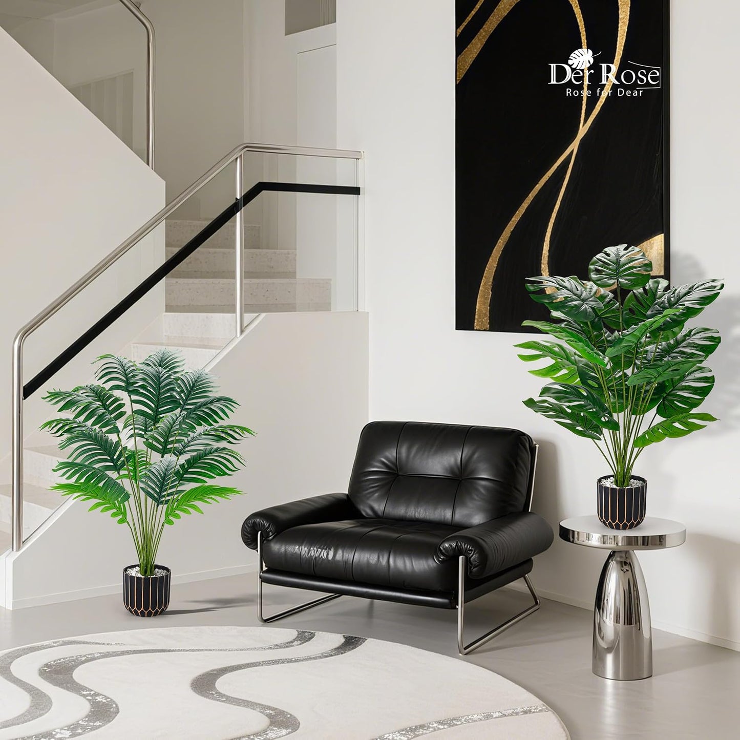 Der Rose 28" Fake Plants, Monstera Plant in Black Gold Pot for Home Decor