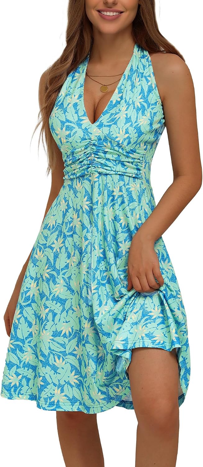 Women's Floral Halter Neck Sundress with Pockets