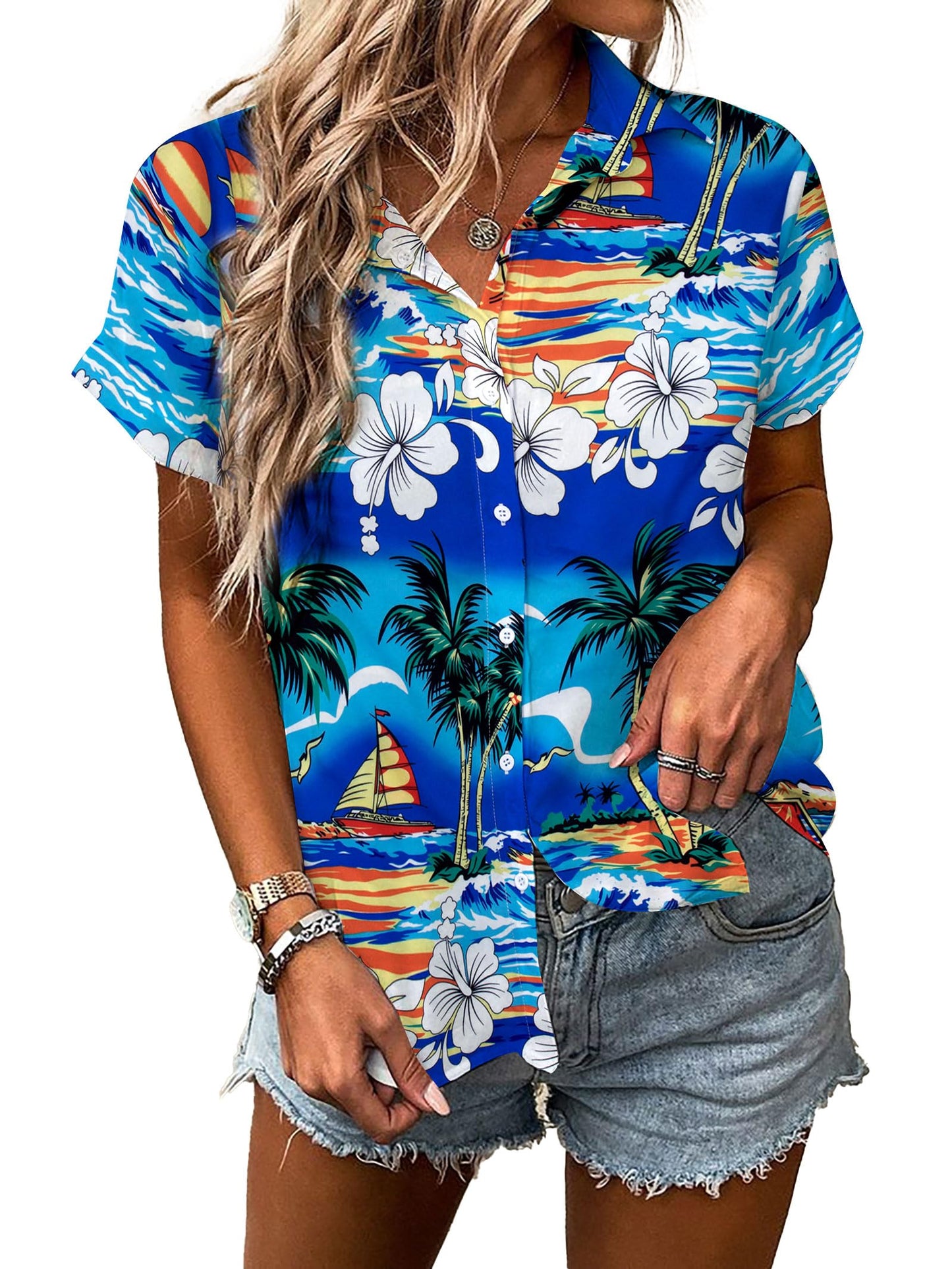 MYHALF Women Hawaiian Shirt Soft Cool Summer Hawaii Shirts Floral Tropic Print V Neck T-Shirt Short Sleeve Button Up Tops - Hawaiian Flair