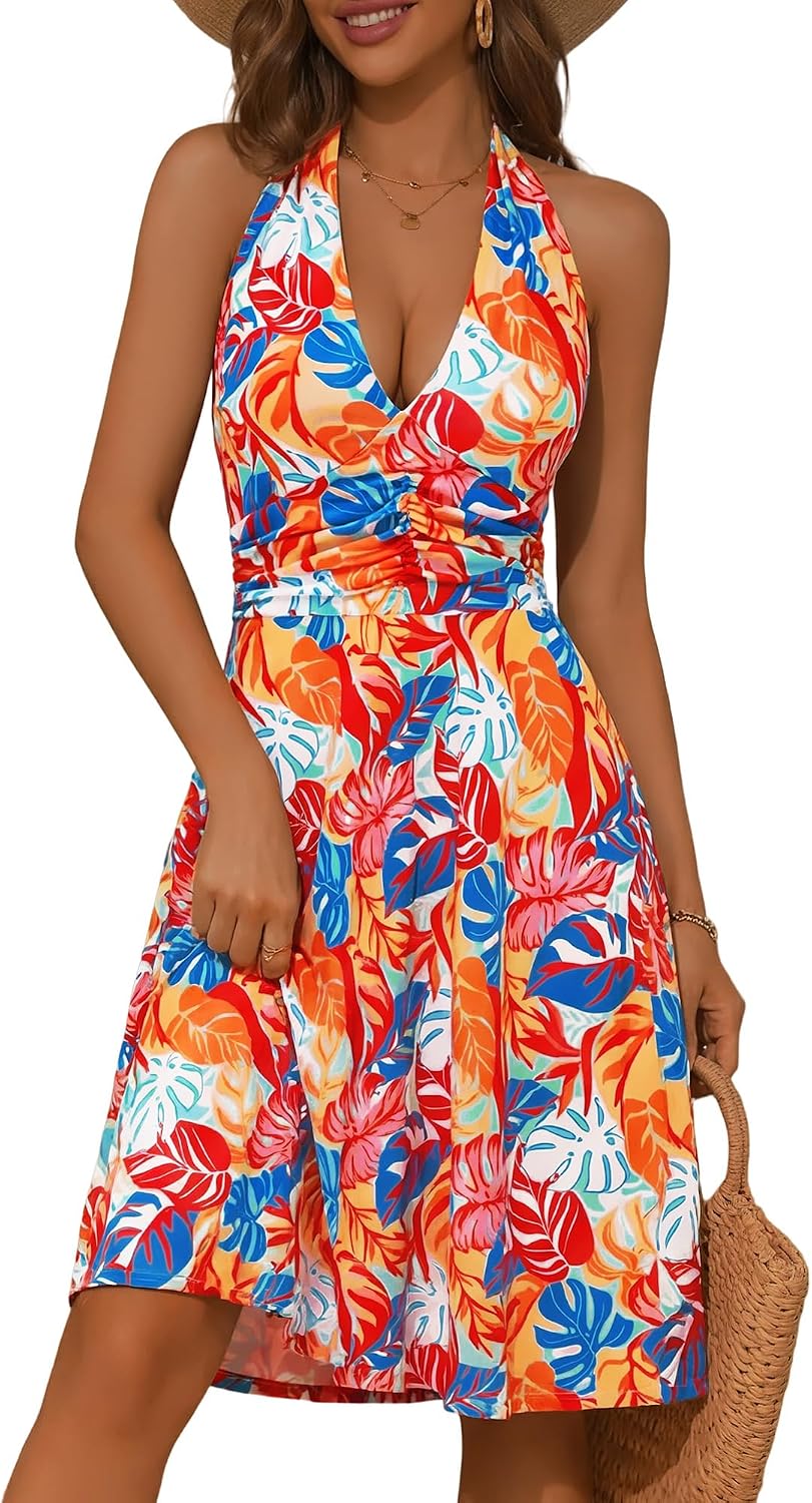 Women's Floral Halter Neck Sundress with Pockets