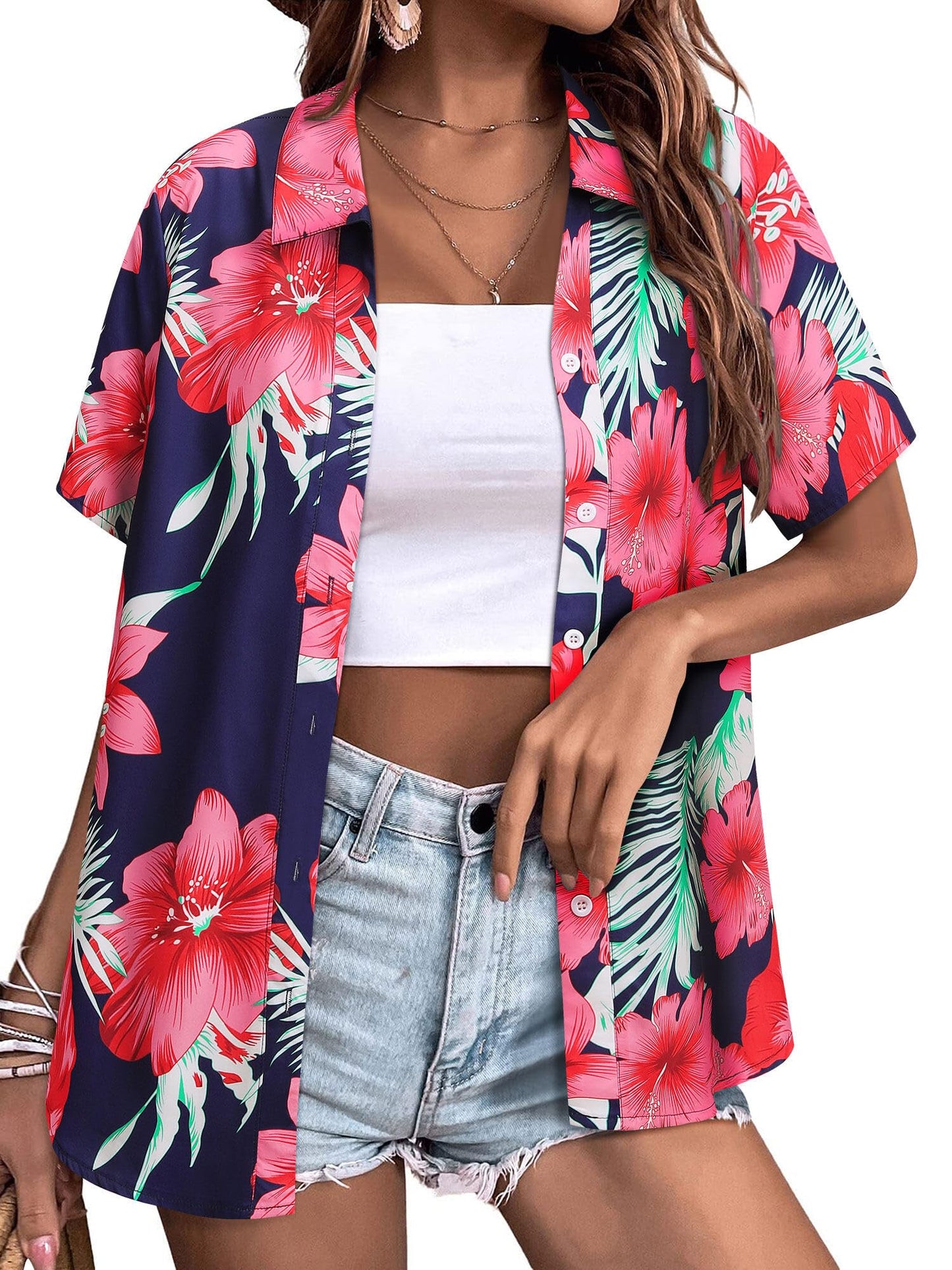 Womens Button Down Hawaiian Shirts Short Sleeve Floral Print Summer V Neck T-Shirt Casual Summer Beach Blouses Tops - Hawaiian Flair