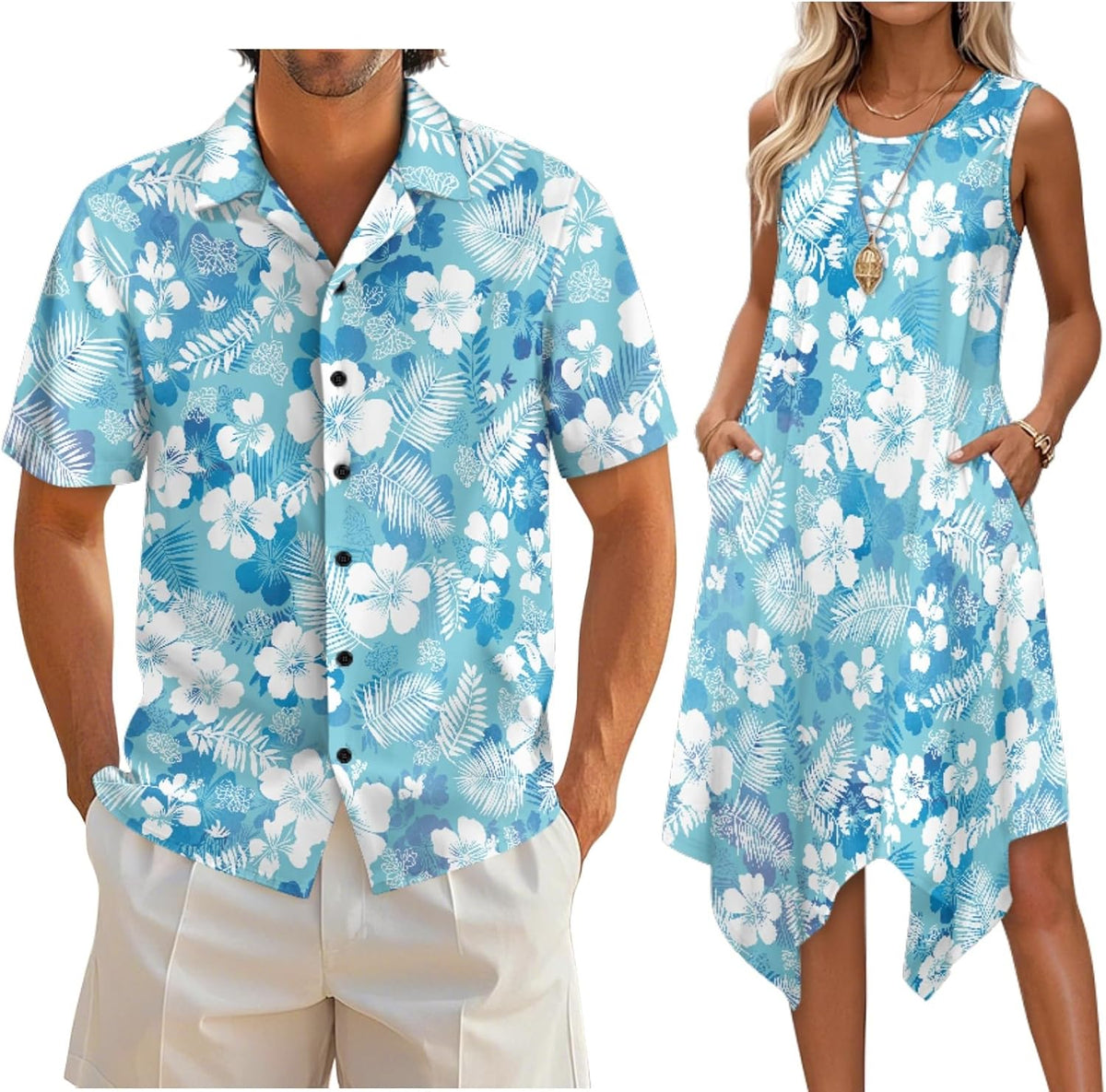 Couple Matching Outfit Hawaiian Men's Button Down Shirt Sleeveless Sundresses Dress Summer Dress for Women 2026