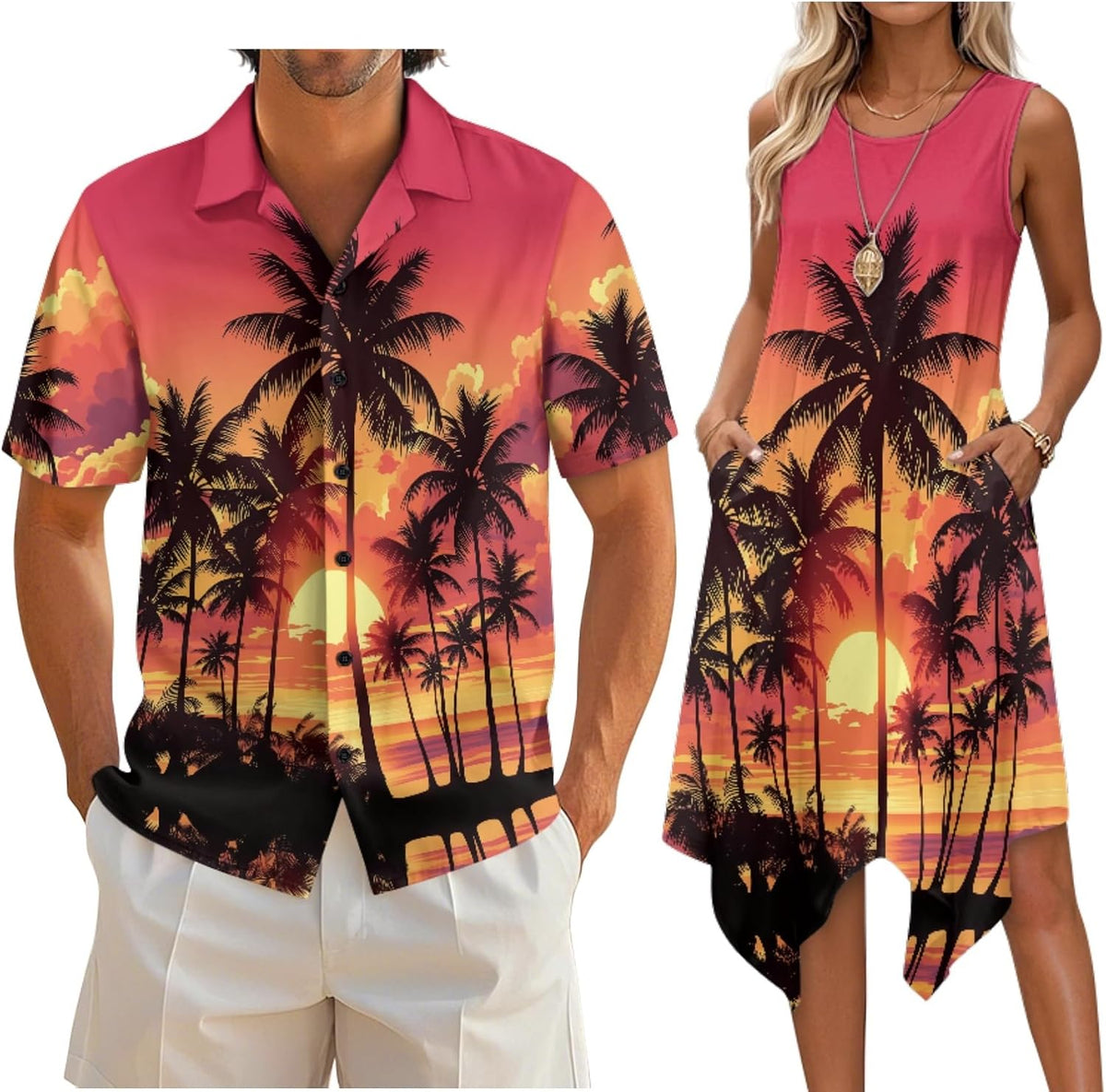 Couple Matching Outfit Hawaiian Men's Button Down Shirt Sleeveless Sundresses Dress Summer Dress for Women 2026