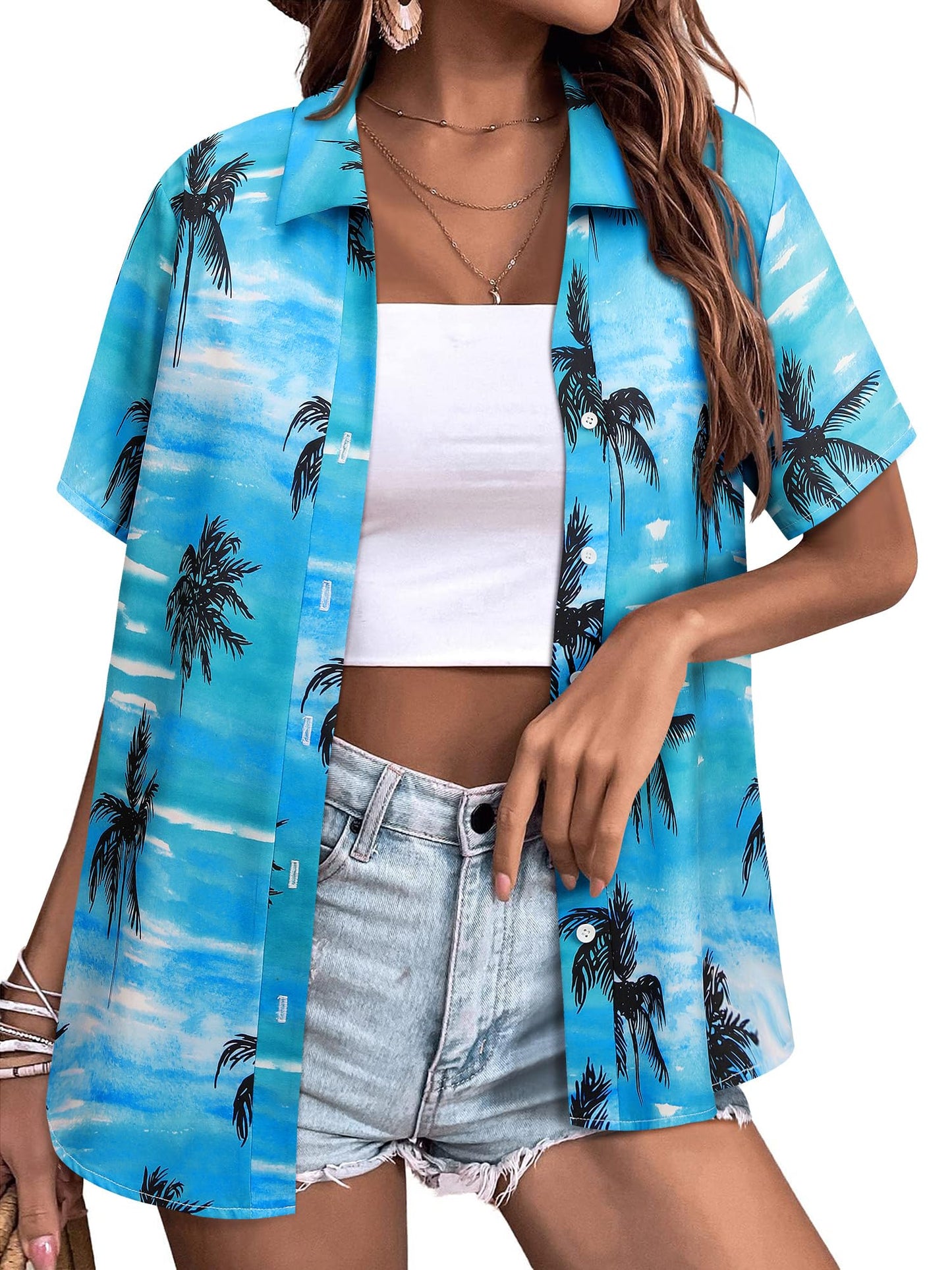 Womens Button Down Hawaiian Shirts Short Sleeve Floral Print Summer V Neck T-Shirt Casual Summer Beach Blouses Tops - Hawaiian Flair