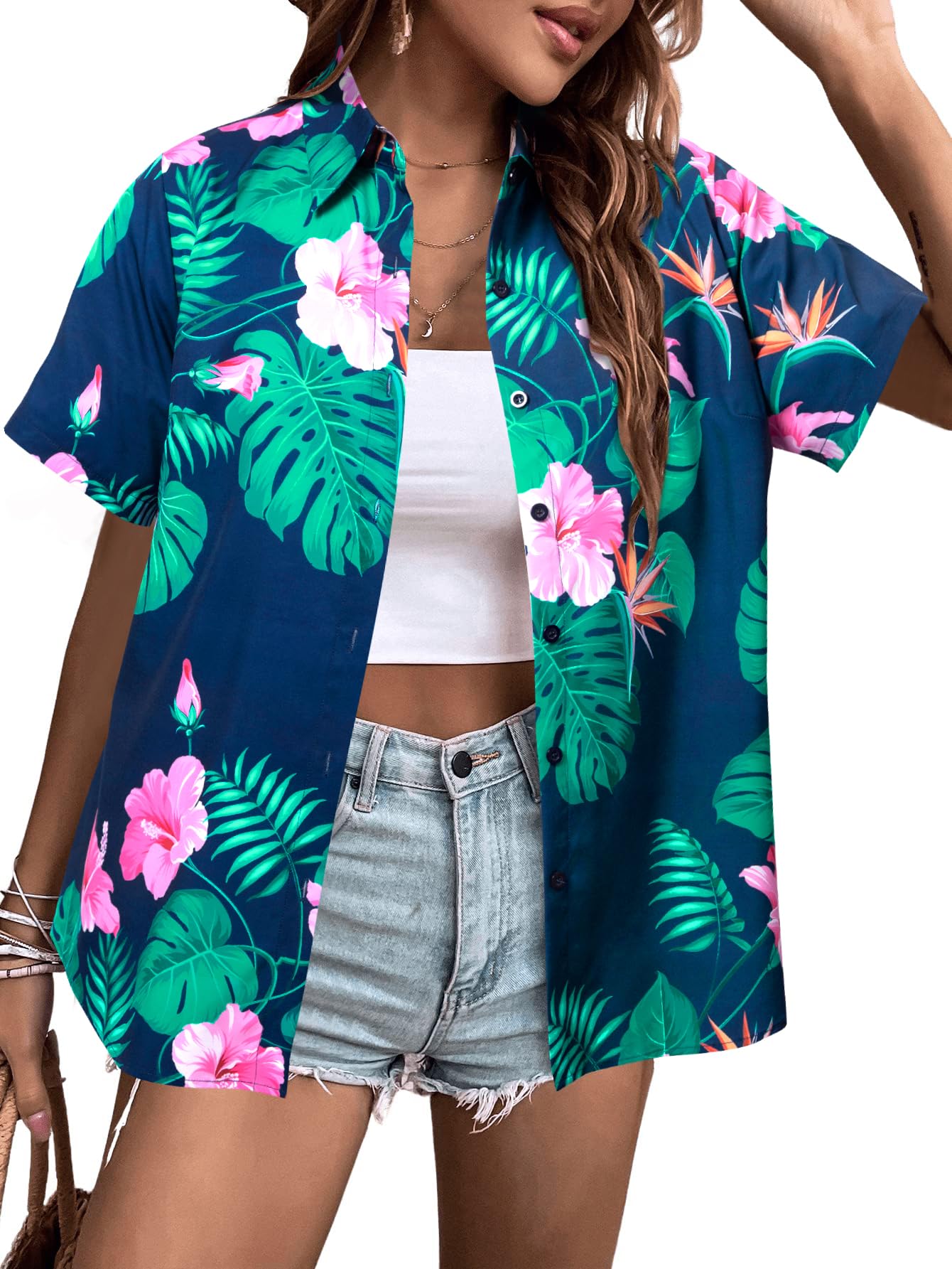 MYHALF Women Hawaiian Shirt Soft Cool Summer Hawaii Shirts Floral Tropic Print V Neck T-Shirt Short Sleeve Button Up Tops - Hawaiian Flair