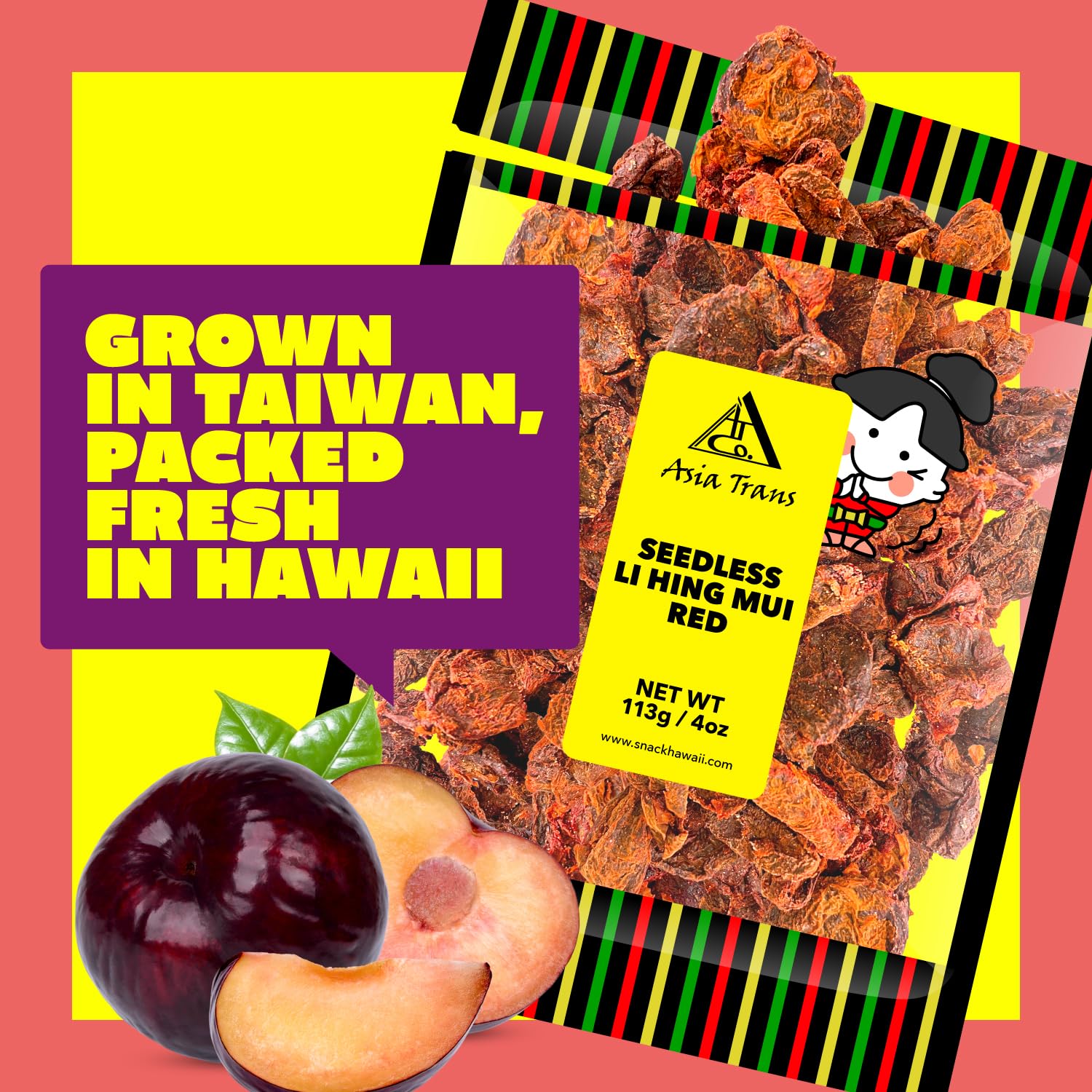 Asia Trans Seeded Red Li Hing Mui Crack Seed Plums - Hawaiian Favorite - Sweet, Sour, & Salty Dried Asian Plum - Hawaiian Flair