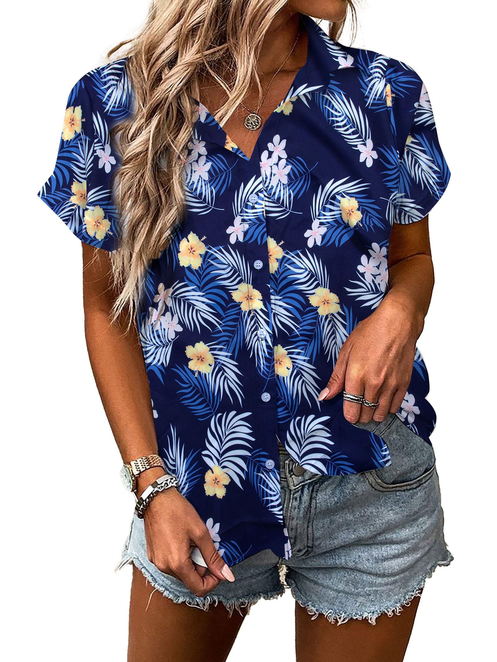 MYHALF Women Hawaiian Shirt Soft Cool Summer Hawaii Shirts Floral Tropic Print V Neck T-Shirt Short Sleeve Button Up Tops - Hawaiian Flair