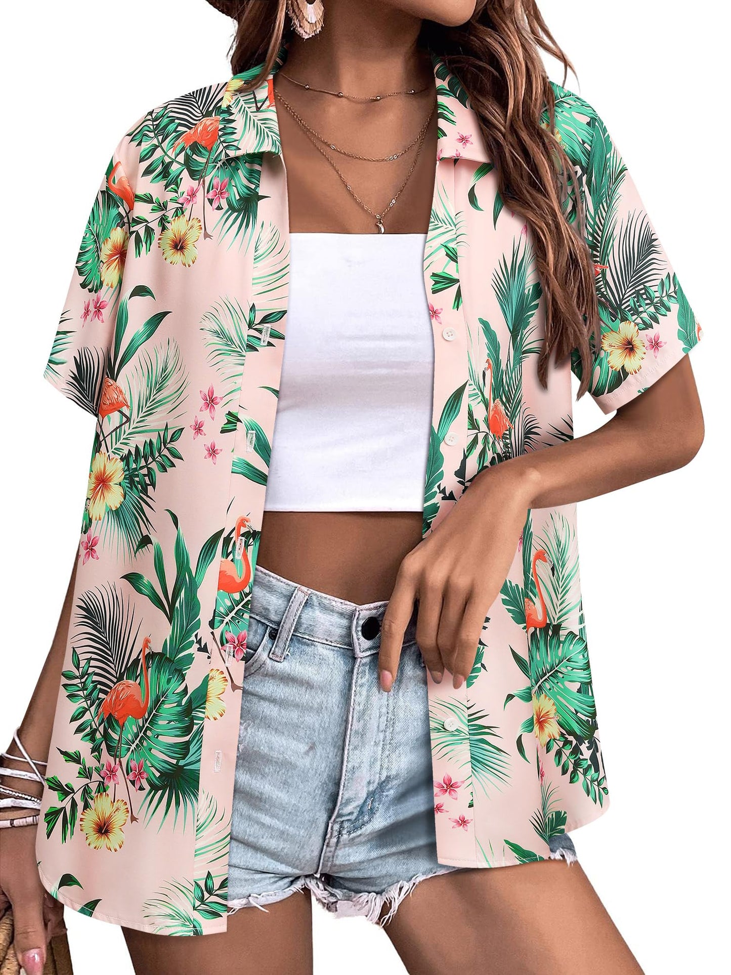 Womens Button Down Hawaiian Shirts Short Sleeve Floral Print Summer V Neck T-Shirt Casual Summer Beach Blouses Tops - Hawaiian Flair