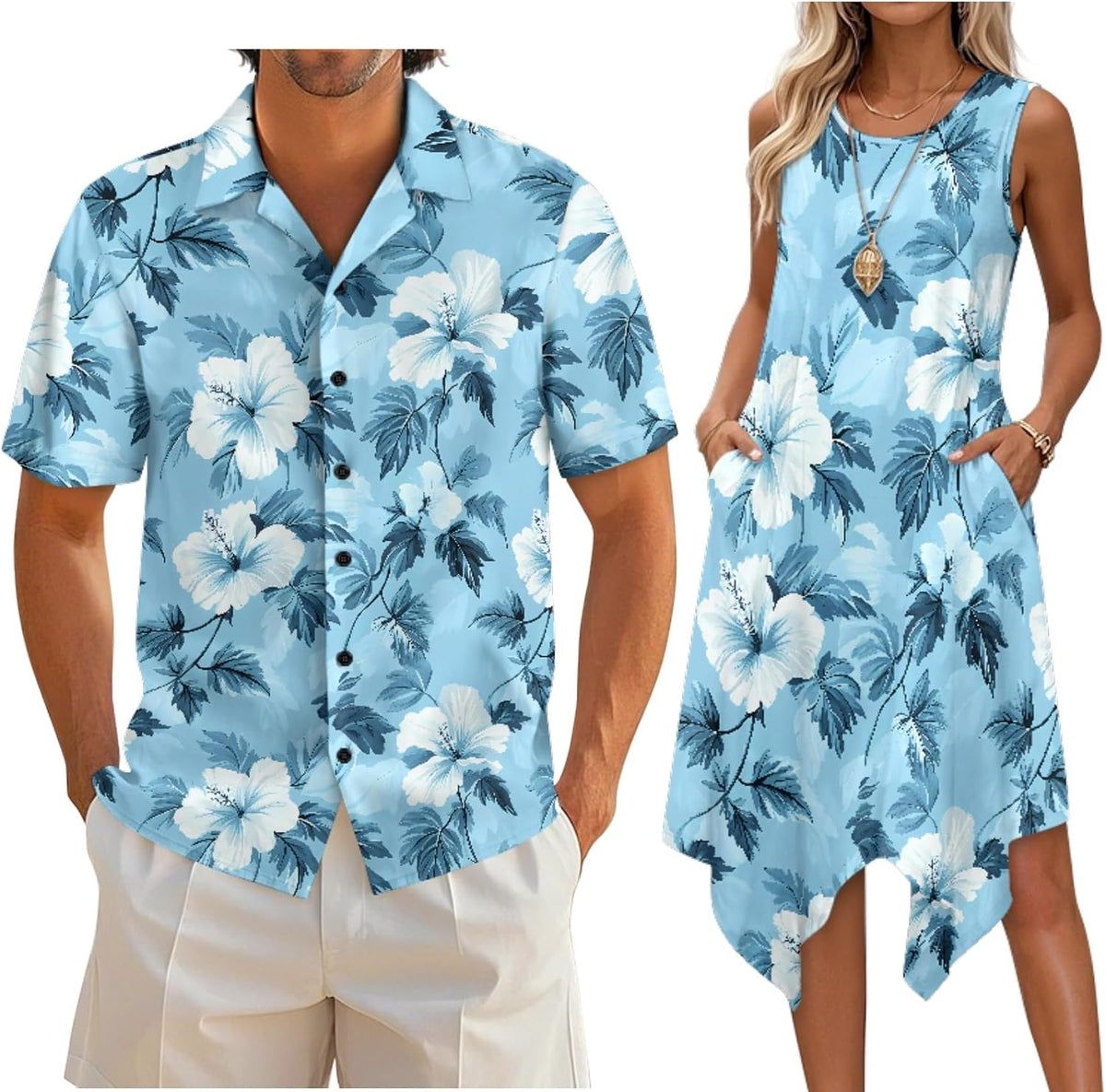 Couple Matching Outfit Hawaiian Men's Button Down Shirt Sleeveless Sundresses Dress Summer Dress for Women 2026