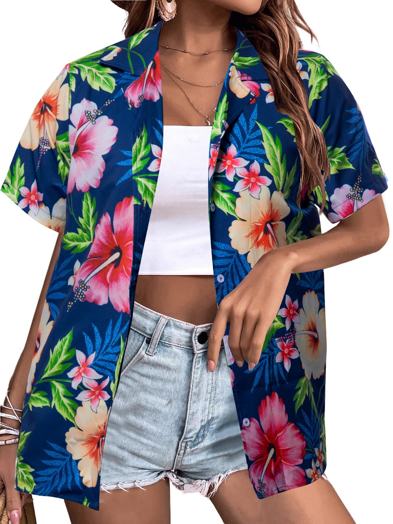 MYHALF Women Hawaiian Shirt Soft Cool Summer Hawaii Shirts Floral Tropic Print V Neck T-Shirt Short Sleeve Button Up Tops - Hawaiian Flair