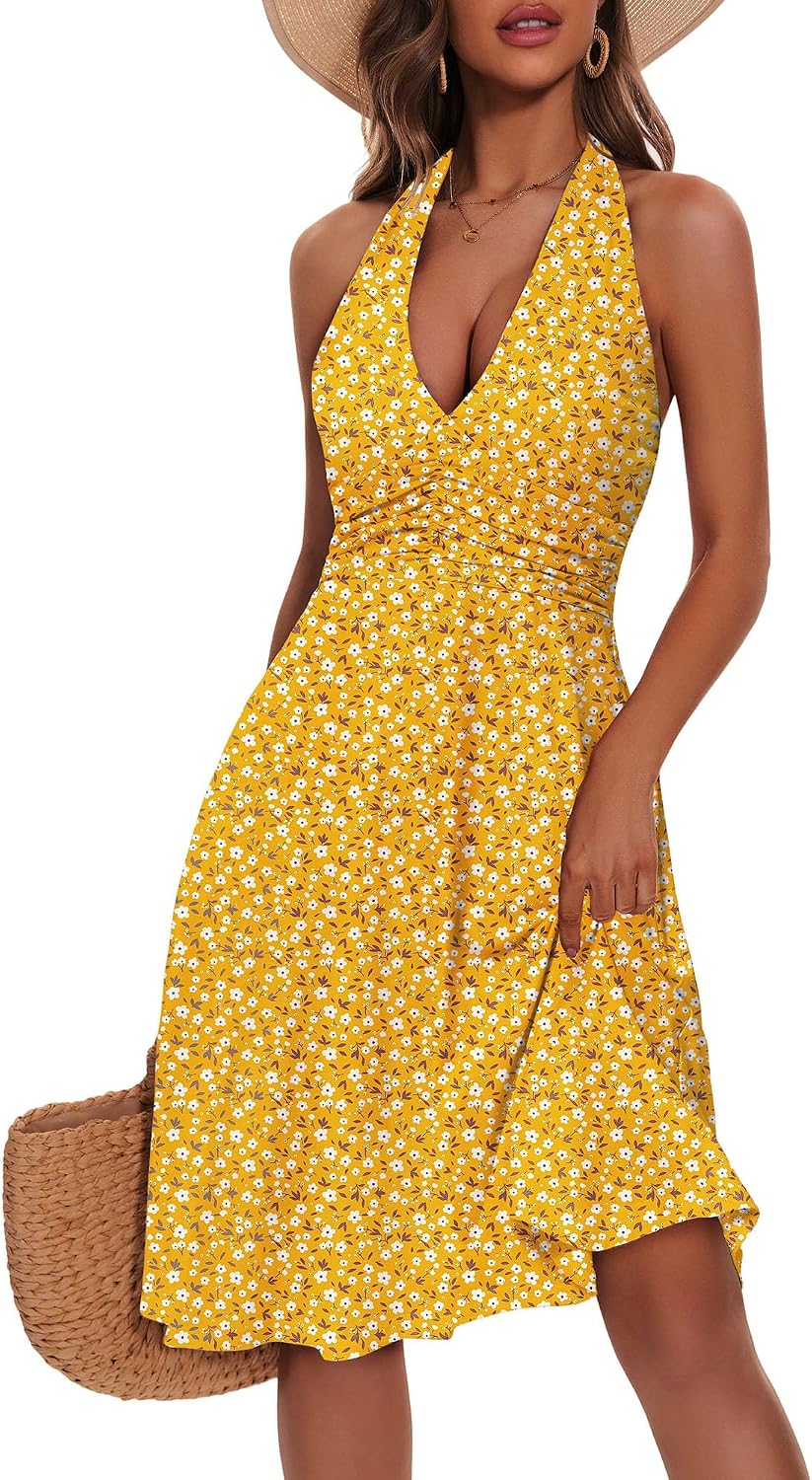 Women's Floral Halter Neck Sundress with Pockets