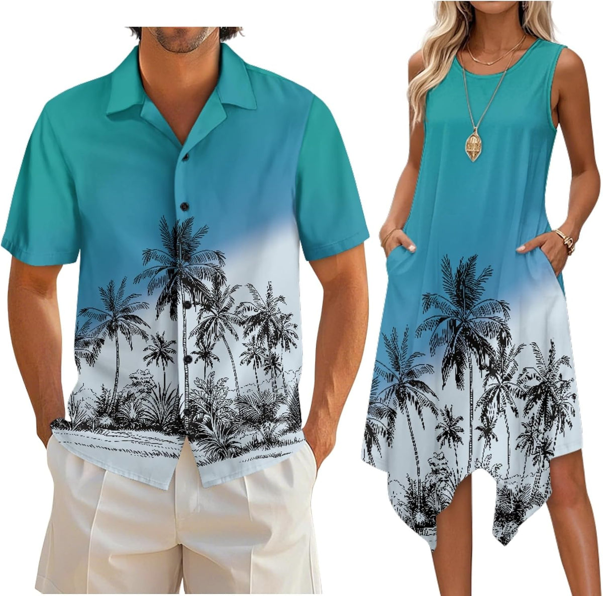 Couple Matching Outfit Hawaiian Men's Button Down Shirt Sleeveless Sundresses Dress Summer Dress for Women 2026