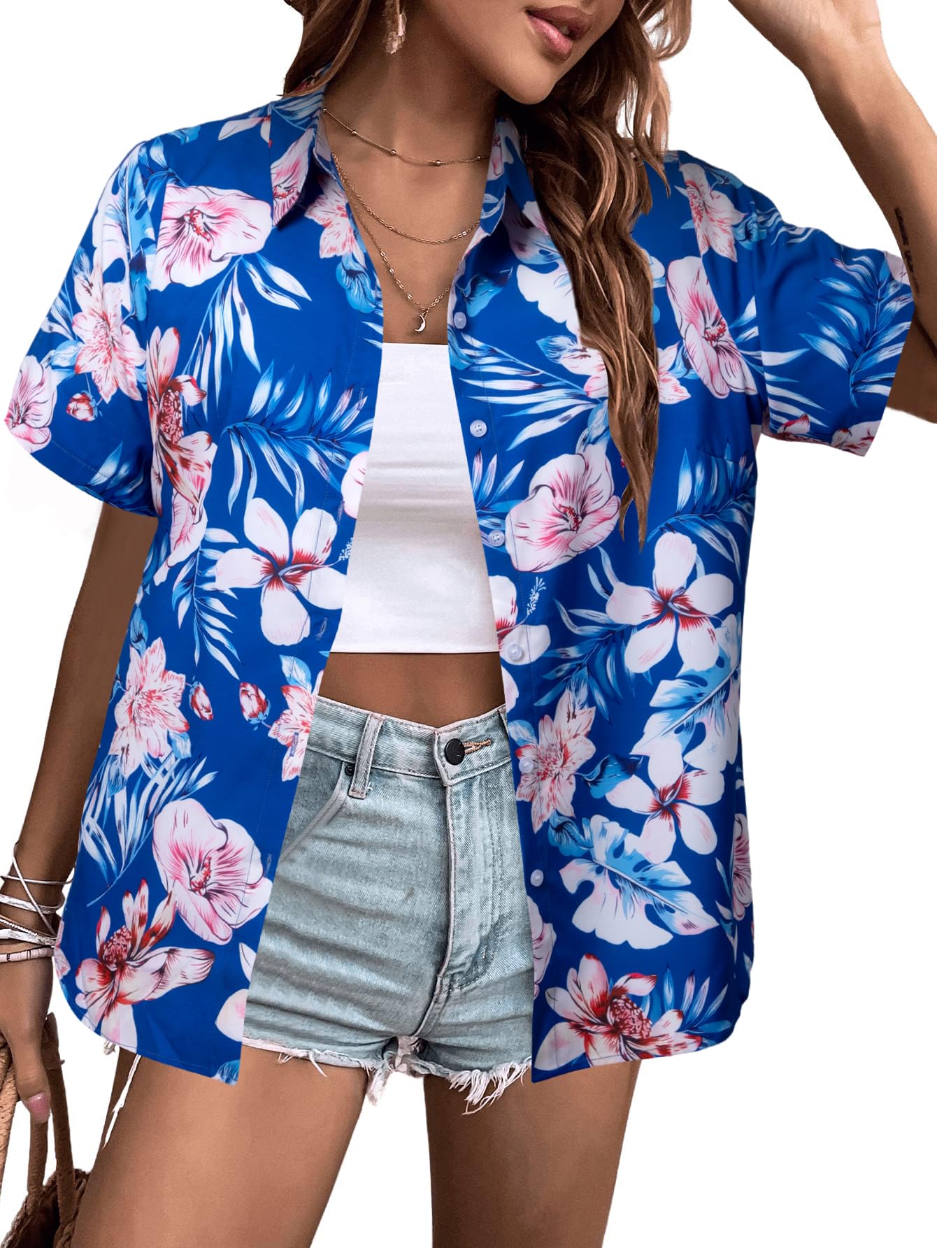 MYHALF Women Hawaiian Shirt Soft Cool Summer Hawaii Shirts Floral Tropic Print V Neck T-Shirt Short Sleeve Button Up Tops - Hawaiian Flair