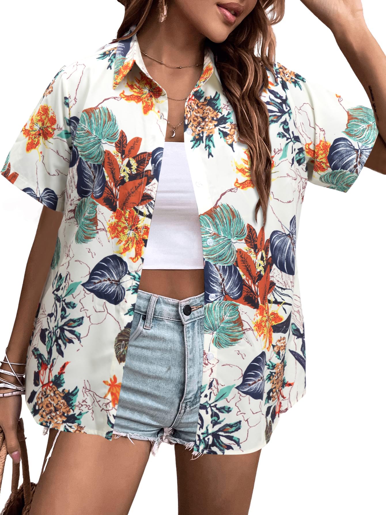 MYHALF Women Hawaiian Shirt Soft Cool Summer Hawaii Shirts Floral Tropic Print V Neck T-Shirt Short Sleeve Button Up Tops - Hawaiian Flair