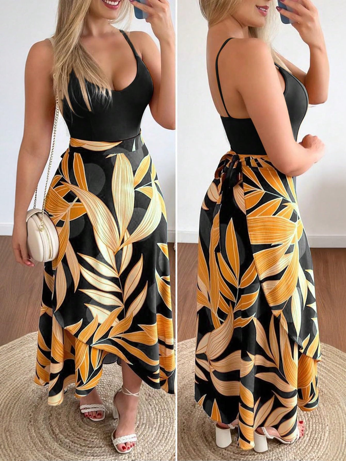 SKAYS Tropical Dresses for Women Summer Wrap Dress Boho Spaghetti Strap Backless Slit Thigh Maxi Dress